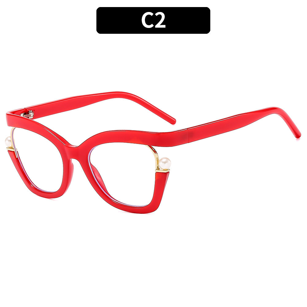 Wholesale PC Anti Blue Light Pearl Decorative Eyeglass Frames with Flat Lenses